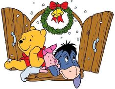 winnie the pooh and piglet sitting in front of a door with christmas wreath