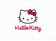 the hello kitty logo is shown on a piece of lined paper with pink writing and a red bow