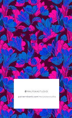 blue and pink flowers on a purple background with a white rectangle in the middle