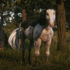 a white and black horse standing next to a tree