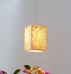 a vase with flowers and a lamp hanging from it