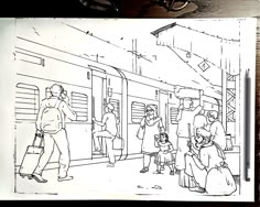 a black and white drawing of people at a train station