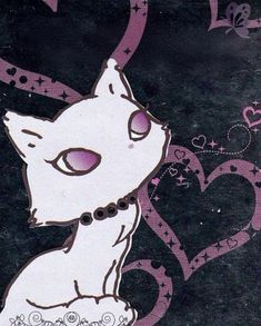 a white cat with purple eyes sitting on top of a black background and pink hearts