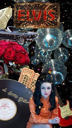 a collage of various items including a record player, roses, and disco balls