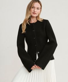 Cooper Cardigan Black Featuring a structured hourglass silhouette and a very slight bell sleeve, this chic knit is unlike anything we’ve done before. Ultra-soft wool cashmere and a classic shape are easily styled with everything from wide-leg trousers to your favorite skirt. 70% wool, 30% cashmere. Made in China of Peruvian yarn. Fitted button-down cardigan. | Jenni Kayne Women's Cooper Cardigan Sweater Size Small Wide Sleeve Cardigan, Best Cardigans, Cocoon Cardigan, Jenni Kayne, Bell Sleeve Sweater, Ribbed Cardigan, Sleeve Cardigan, Outfits Casual, Wide Sleeves