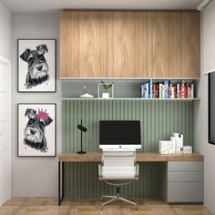 a desk with a computer on top of it in front of some bookshelves