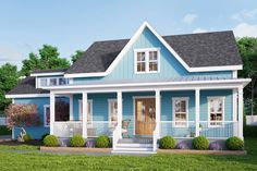 a small blue house with porches on the front and side windows is shown in this rendering