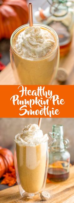 pumpkin smoothie in a glass with whipped cream on top