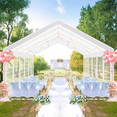 an outdoor wedding venue set up with white and pink flowers, blue linens and balloons