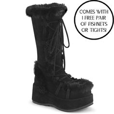 Demonia Cub311/Bvs Black Vegan Suede 2 3/4" (70mm) Platform Lace-Up Mid-Calf Boot Featuring Faux Fur Trim Detail, Full Inner Side Zip Closure Free Shipping And Brand New In Box If You Don't See Your Size, Please Leave A Comment Similar To Camel-311 Cam311 Cam311/B/Sue But Without The Heel Perfect For A Festival Set, Rave Outfit, Goth Boots Style, Dollskill Shoes, Cosplay Costumes, With Punk Clothing, Hot Topic Lovers And More #Nwt #Y2k #Summer #Alternative #Emo Cubby 311 Outfit, Demonia Cubby 311, Demonia Collection, Demonia Shoes, Grunge Dress, Light Up Shoes, Corsets And Bustiers, 2023 Christmas, Thigh High Stockings