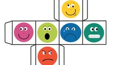 four different colored boxes with faces drawn on them and one has an angry face in the middle