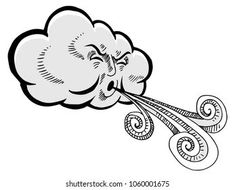 a cartoon cloud with an angry face blowing out the wind stock photo and royalty illustration