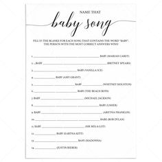 a baby shower game with the words name that baby song written in black and white