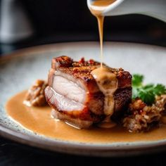 Crispy pork belly roasted with five spice. Served with a creamy luxurious sauce made out of miso, coffee and two kinds of milk. Autumn Fine Dining, Fine Dining Sauces, Pork Belly Fine Dining, Appetizer Fine Dining, Roast Pork Belly, Five Spice, Crispy Pork Belly, Chef Food