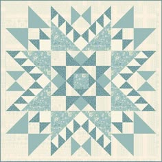 a blue and white quilt with an intricate design on the front, featuring several triangles