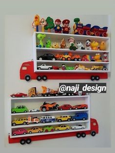 two shelves with toy cars and trucks on them