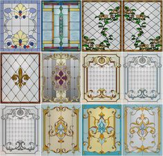 many different types of stained glass with decorative designs on them, all in different colors