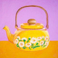 a painting of a yellow teapot with daisies on it