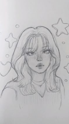 a pencil drawing of a girl with stars above her head and the words, i love you