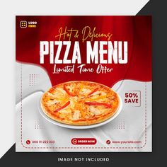 a pizza menu with a red and white background