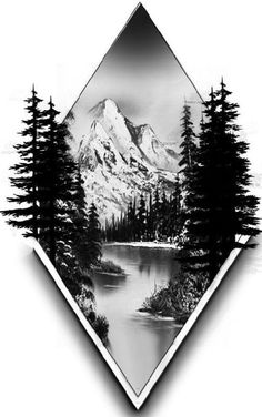 a black and white photo of a mountain with pine trees in the foreground, and a lake on the other side