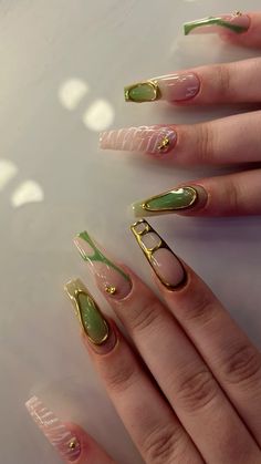 Green white gold nails (nailsbysiri__ ) Gold Aesthetic Nails Acrylic, Green On Green Nails, Money Green Nails Acrylic, Gold And Sage Green Nails, Green And Champagne Nails, Green 90s Nails, Medusa Inspired Nails, Green Design Acrylic Nails, Matte Olive Green Nail Ideas