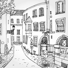 a black and white drawing of an alley