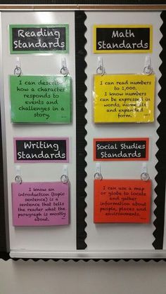 three different types of writing standards on a bulletin board with magnets attached to them