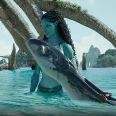 a woman holding a fake shark in the water with palm trees and rocks behind her