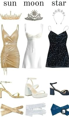 there are many different types of dresses and shoes on this page with the caption sun moon star