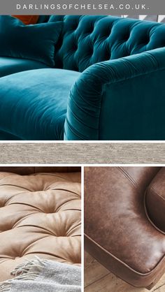 three different pictures of the same couch and chair