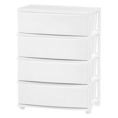 three drawers with wheels on each side and one drawer in the middle, all white