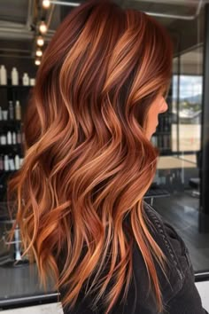 Fall Highlights For Red Heads, Cowboy Copper Long Hair, Burgundy To Blonde Hair, Red With Dimension, Fall Hair Fashion Colors, Split Dyed Hair Fall Colors, Copper Tones Hair, Copper And Gold Balayage, Copper Hair Color With Dark Roots