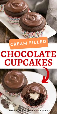 three chocolate cupcakes on a plate with the title text overlay reads cream filled chocolate cupcakes