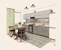 a drawing of a kitchen and dining area