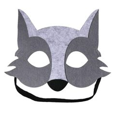 a gray and white mask with ears on the top, one eye is closed to show an animal's face