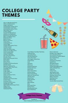 a college party menu with drinks and decorations