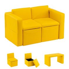 a yellow couch with several pieces of furniture around it