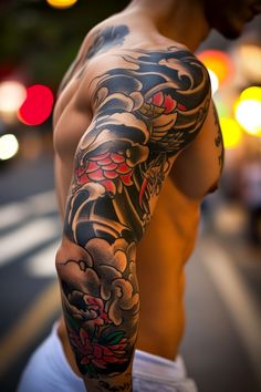 Person with a colorful full-sleeve tattoo on their right arm walking along a street at night. Tattoo Ideas Men Meaningful Arm Sleeve, Realism Tattoo Sleeve For Men, Chinese Sleeve Tattoos, Japanese Leg Sleeve, Arm Sleeve Tattoo For Men, Men’s Full Sleeve Tattoo, Upper Half Sleeve Tattoos, Buddhism Tattoo, Japanese Warrior Tattoo