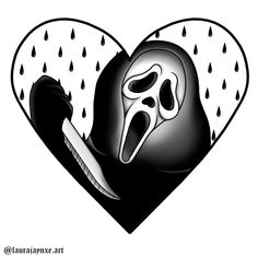 a black and white drawing of a heart with a mask on it