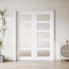 an empty room with a white door and potted plant