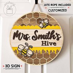 a wooden sign that says mrs smith's hive with bees and honeycombs