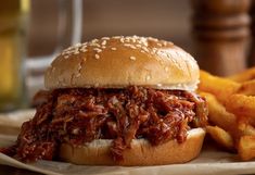 a pulled pork sandwich with fries on the side