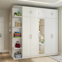 a white closet with several shelves and bags on it's sides in a room