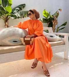 Orange Dress Outfits, Hijab Summer Outfits, Classy Summer Outfits, Stile Hijab, Modest Summer Dresses, Blouse Casual Fashion, Mode Abaya