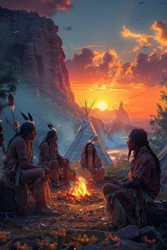 native americans sitting around a campfire at sunset