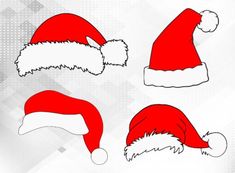 three red santa hats with white trims on grey and white background, one is black