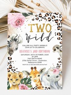 an animal themed birthday party with pink roses and zebras on the front, two wild animals on the back