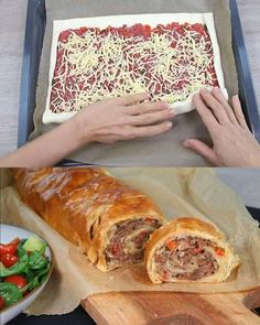 there are two pictures with different types of food in the same photo, and one has meat wrapped in bread