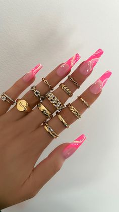 Long Holiday Nails Summer, Miami Acrylic Nails, Ombre Nails With Flames, Pink Summer Acrylic Nails, Summer Nails Inspiration Pink, Pink 90s Nails Acrylic, Pink And Gold Earring Stack, Trendy Pink Stacked Jewelry, Trendy Holiday Nails